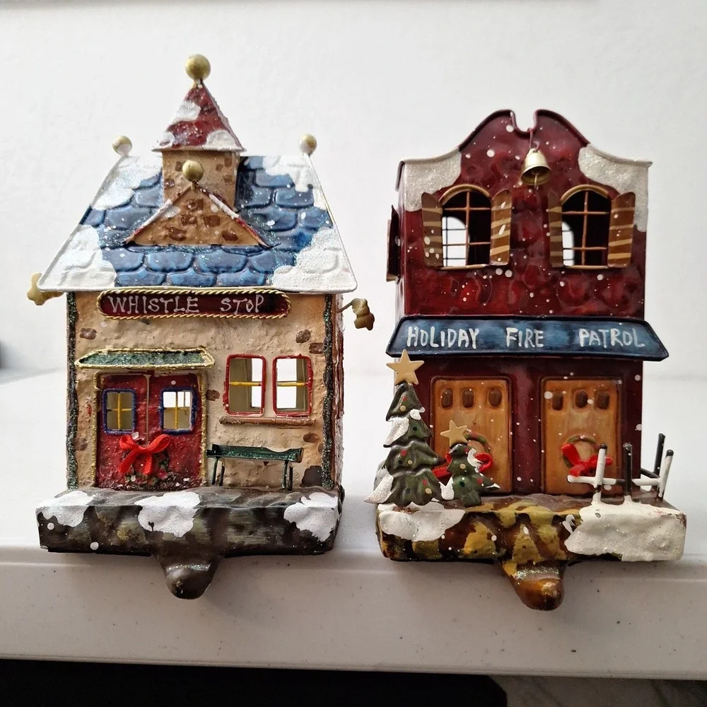 RARE Vtg Christmas Express Stocking Holders Metal Whistle Stop Fire Patrol 7.5